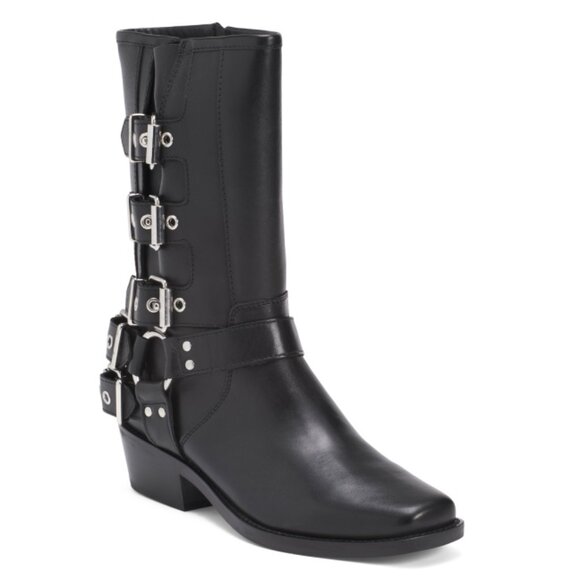 ATELIER Black Leather Steffie Mid Calf Motorcycle Boots - Picture 1 of 2